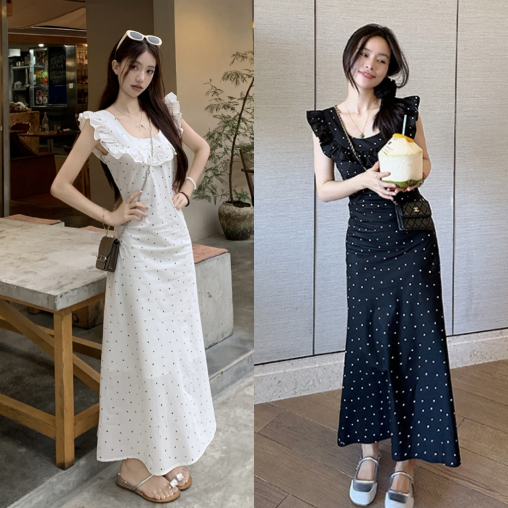 Luna Shop 🍒เบรกชาฝรั่งเศส สไตล์อ่อนโยนน่ารัก คอปกใบบัว เดรสลายจุด🌺 เอวเข้ารูป เดรสยาววันหยุด
