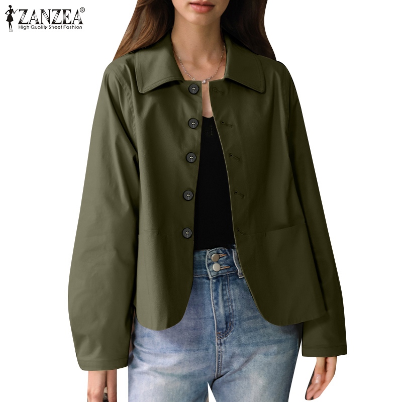 ZANZEA ใส่ ซานเซีย ผู้หญิงเกาหลีแขนยาวปุ่มกระเป๋าแจ็คเก็ตสีทึบหลวม