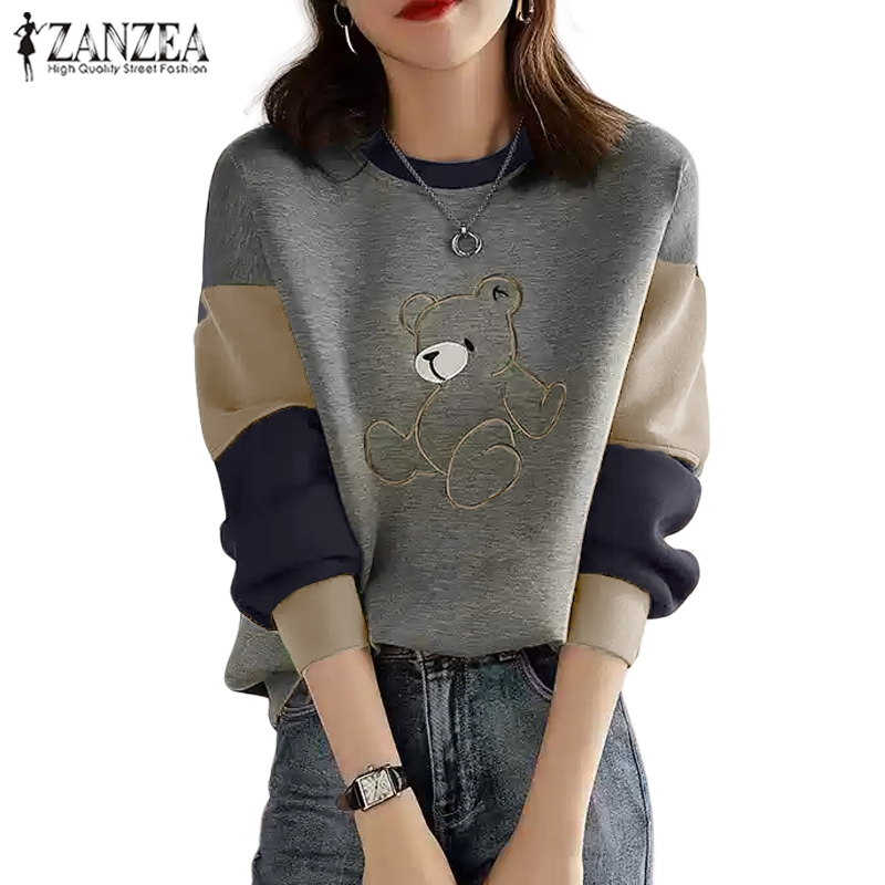 ZANZEA ซานเซีย ผู้หญิงเกาหลีลําลองคอกลมแขนยาวหมีพิมพ์เสื้อสวมหัวเสื้อ