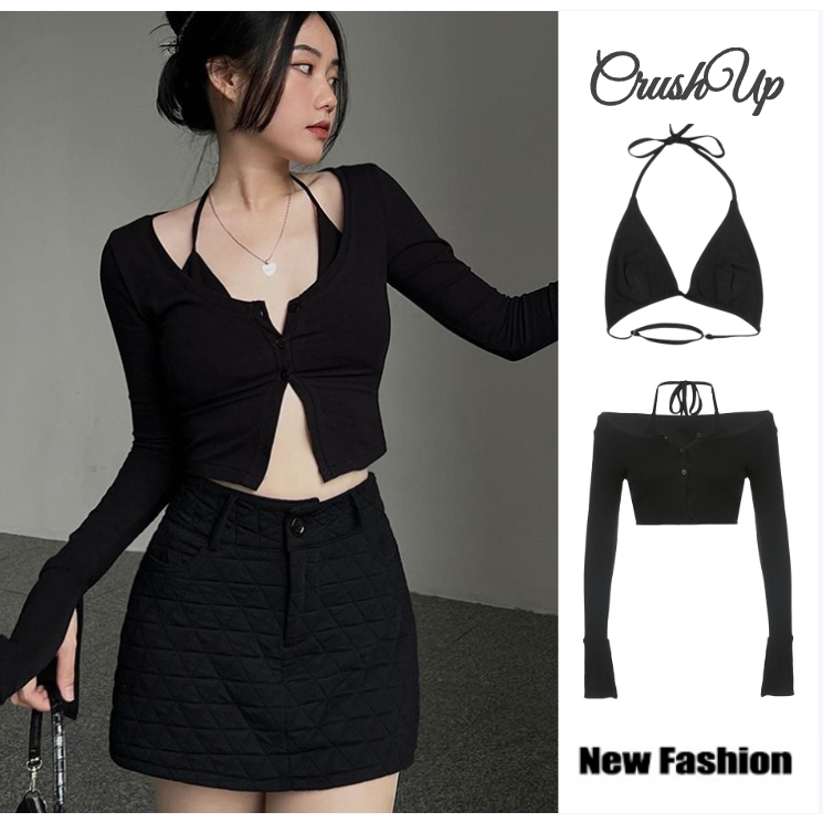 【LOCAL SHIP】2025 เสื้อยืดลําลอง แขนยาว ผ่าข้าง สีพื้น พร้อมสายคล้องคอ สําหรับผู้หญิง
