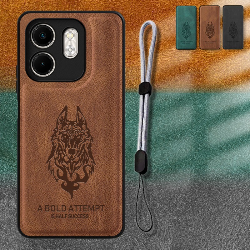 สําหรับเคสหนัง Infinix Smart 9/X6532 พร้อมเชือกคล้องโทรศัพท์มือถือแบบปรับได้ เคส Wolf Design