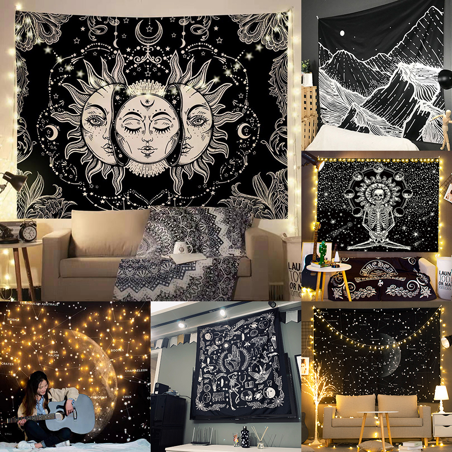 พรมสีดําแขวนผนังตกแต่งด้วยตะขออุปกรณ์เสริมแขวนตกแต่งผนัง Mandala Tapestry Wall Decor (150*130 ซม., 95*73 ซม.)