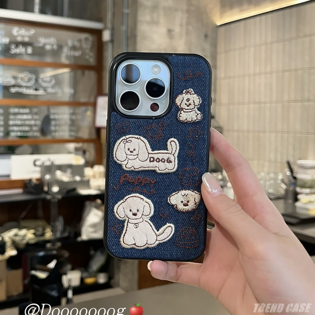 การ์ตูนน่ารักลูกสุนัขเย็บปักถักร้อยแฟชั่นเคสโทรศัพท์สําหรับ ไอโฟน 16 15 14 13 12 มือโปร สูงสุด ป้องกันปกอ่อน