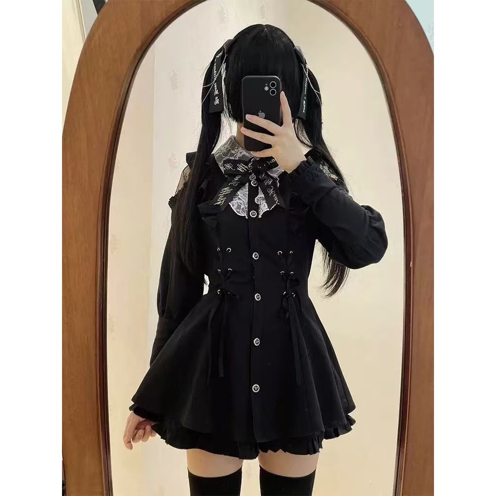 ญี่ปุ่นหวานสดสไตล์วิทยาลัย Bow Ruffle Lace Splicing เสื้อแขนยาวกระโปรงสั้นชุดสองชิ้นสไตล์ Landmine Jirai Kei