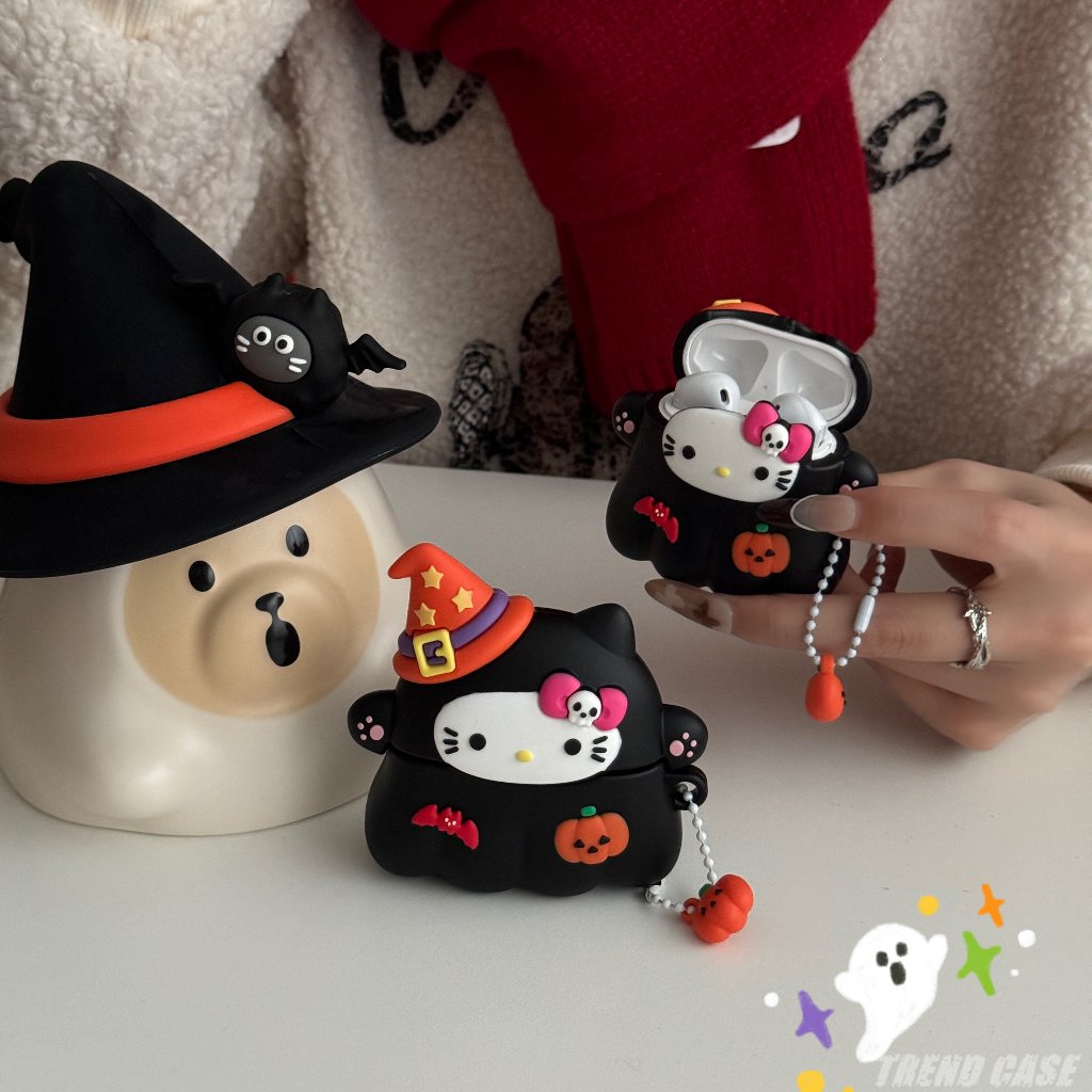 การ์ตูนฮาโลวีน Hello Kitty นุ่มหูฟังสําหรับ Apple AirPods 2 3 Pro AirPods 4 ชุดหูฟังบลูทูธไร้สายฝาครอบป้องกัน