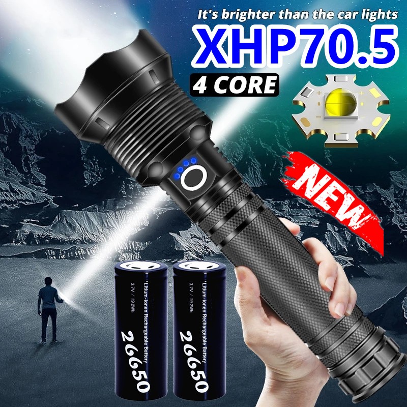 [เรือจากประเทศไทย] ไฟฉายกําลังสูง ไฟฉาย XHP70 นวัตกรรมมากที่สุดอลูมิเนียมอัลลอยด์ FLASHLIGHT 3 SCREEN USB ซูมไฟฉาย LED แบบชาร์จไฟได้ 26650 แบตเตอรี่ไฟฉายยุทธวิธี