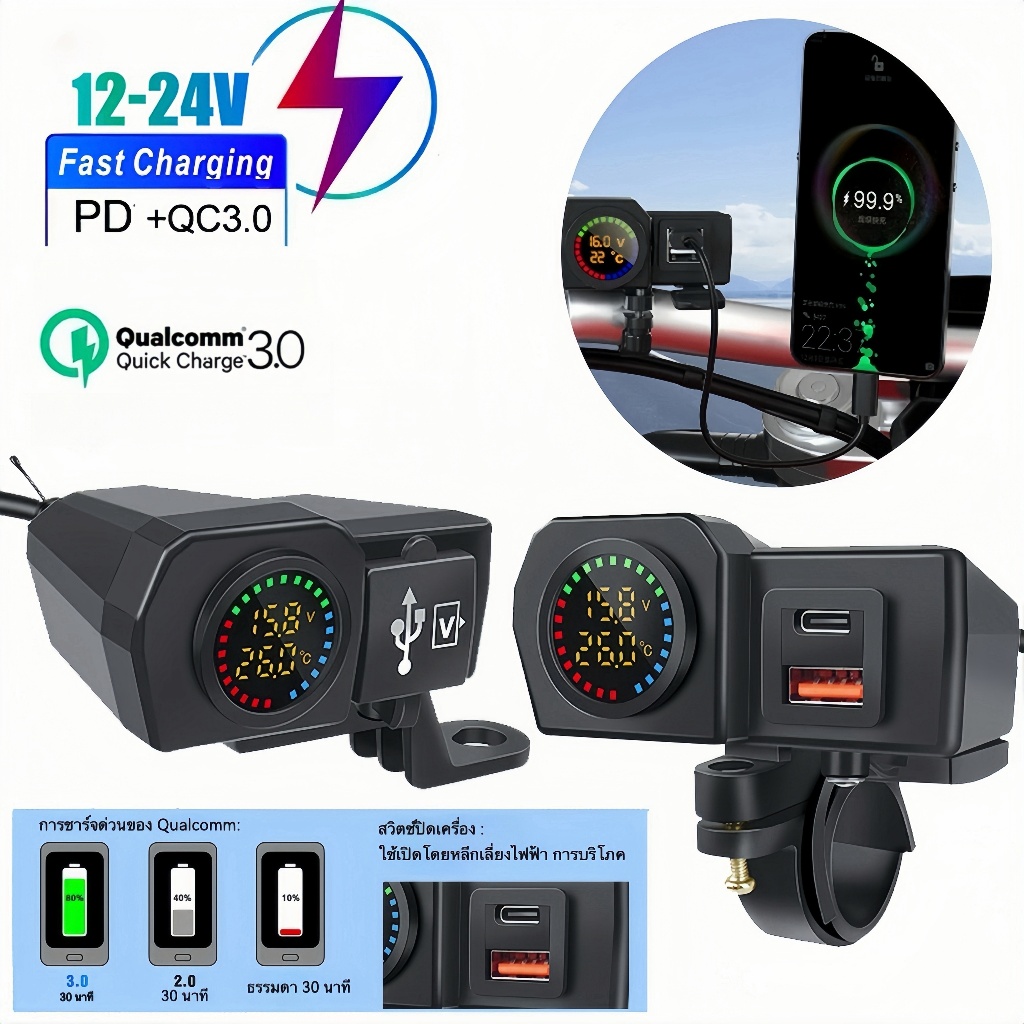 🚚Fast Shipping🚚ที่ชาร์จมอเตอร์ไซค์ PD+Type-C QC3.0 พอร์ตคู่ 12-24V ชาร์จเร็ว พร้อมโวลต์มิเตอร์และจออุณหภูมิ