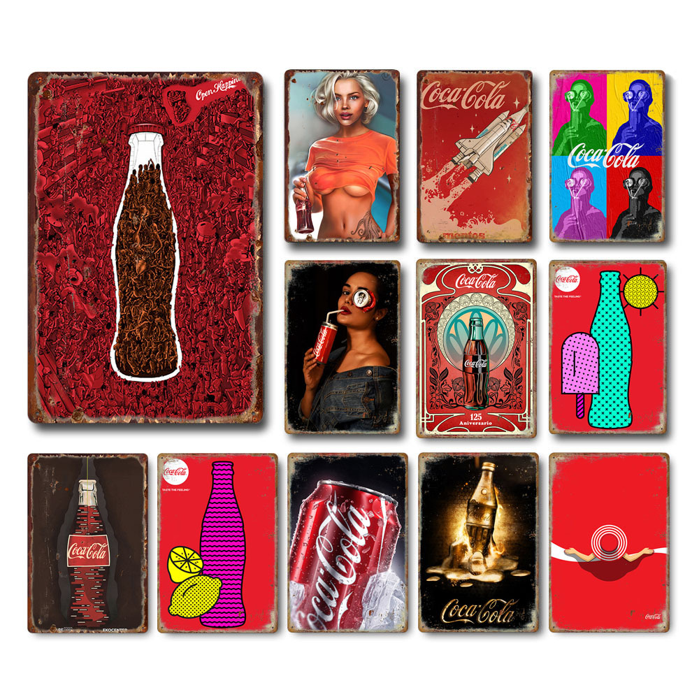 Retro Cola โฆษณาภาพวาดตกแต่ง,โปสเตอร์ภาพวาดดีบุก,บาร์พื้นหลังภาพจิตรกรรมฝาผนัง,บ้าน frameless แขวนภาพวาด