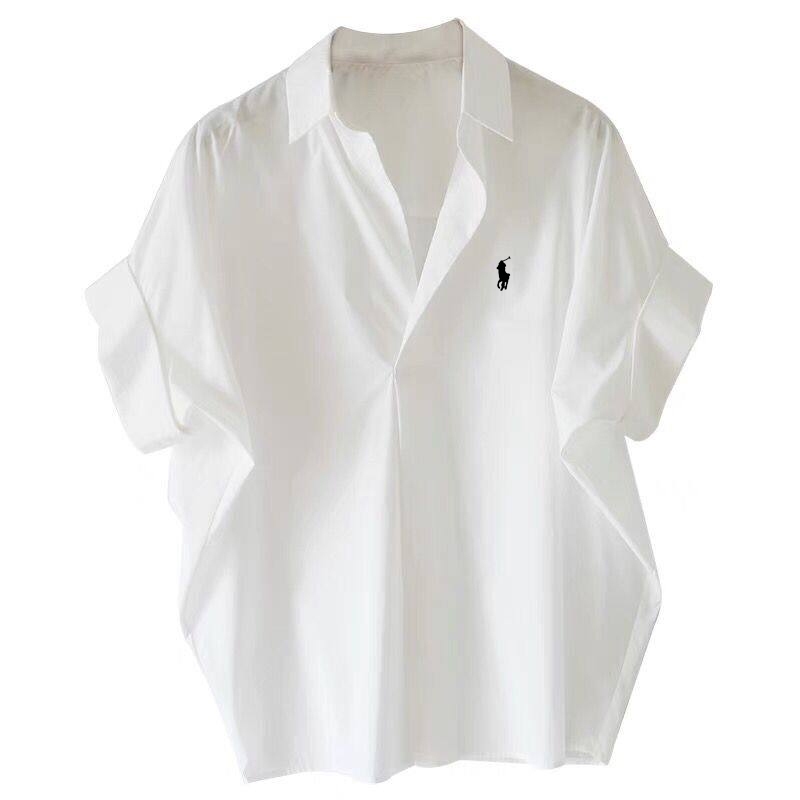 5 สี เสื้อเชิ้ตสีขาวคอวีแขนค้างคาวปีกหลวมสไตล์เกาหลีสําหรับผู้หญิง Pony ปักเสื้อด้านบน