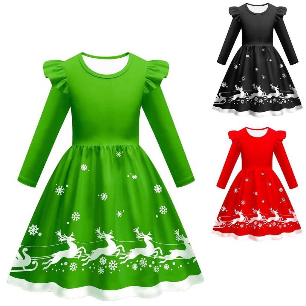 สาวคริสต์มาสชุด Ruffle แขนยาวรอบคอพิมพ์ A-line เด็ก Xmas ชุดวันหยุด