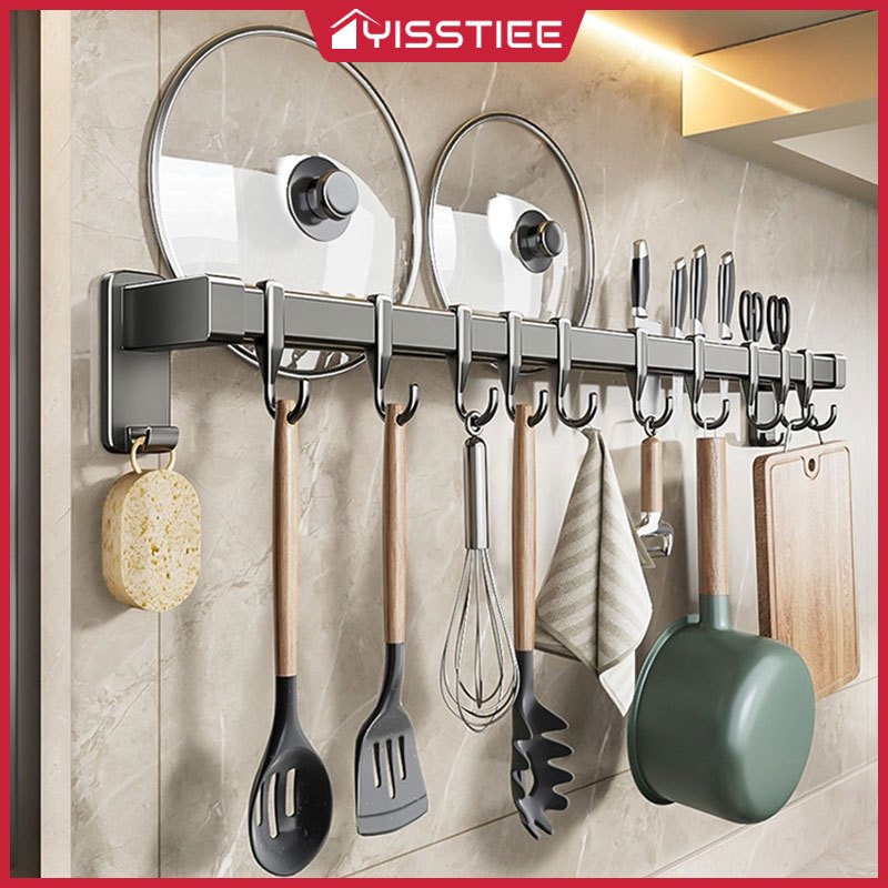 Yisstiee ตะขอครัวโดยไม่ต้องเจาะราวแขวนช้อนไม้พายราวแขวนชั้นวางติดผนังจัดเก็บ