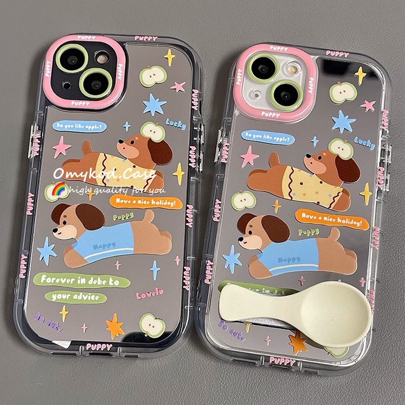Case+Holder For Samsung A05 A05S A15 A14 A13 A12 A55 A54 A51 A35 A34 A32 A25 A24 A03 A02S S23FE S24 Ultra Cute Cartoon Dog Dachshund With Creative Spoon Holder Advanced Minimalist Mirror Phone Case Anti Drop Protective Back Cover