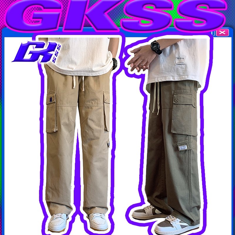 Gksss Overalls กางเกงผู้ชายอเมริกันย้อนยุคกางเกงลําลองตรง