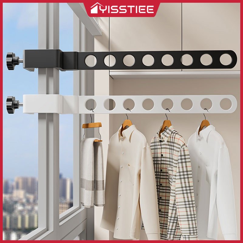 Yisstiee ราวตากผ้า No-punch สีดําหรือสีขาว พร้อมลูกปืนแข็งแรง กันน้ํา ไม่เป็นสนิม และติดตั้งง่าย