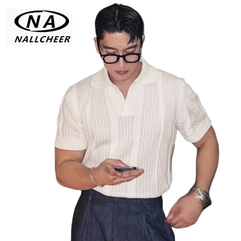 NALLCHEER ผู้ชายโหลออกถักแขนสั้นเสื้อโปโลธุรกิจพร็อพระบายอากาศอเนกประสงค์หลวมครึ่งแขน