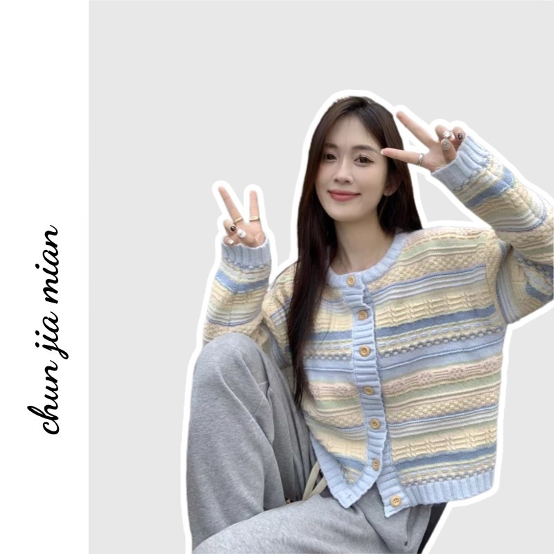 Chunjiamian เสื้อครอป เสื้อกันหนาว แขนยาว ทรงหลวม สไตล์เกาหลี