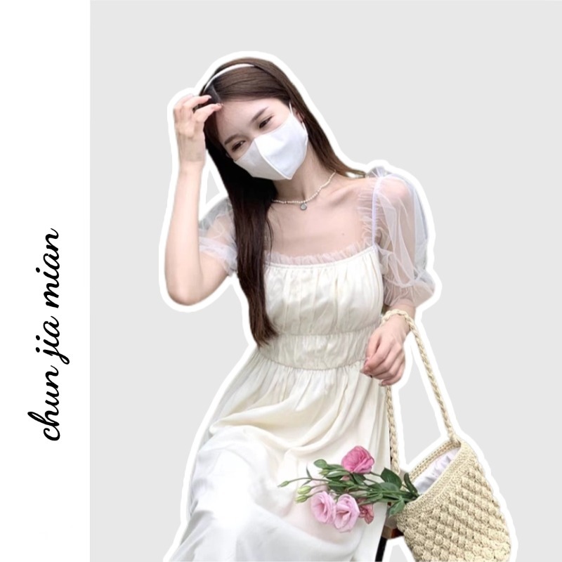 Chunjiamian ชุดเดรสยาว คอสี่เหลี่ยม ผ้าตาข่าย ลายผลไม้ ดาว สไตล์เกาหลี สําหรับสตรี