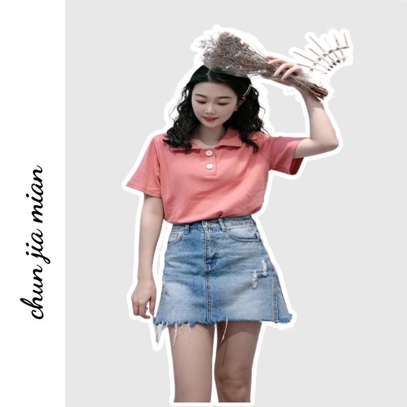 Chunjiamian เสื้อยืดโปโล คอปก แขนสั้น ผ้าฝ้าย แบบยืดหยุ่น สีพื้น แฟชั่นฤดูร้อน สําหรับผู้หญิง