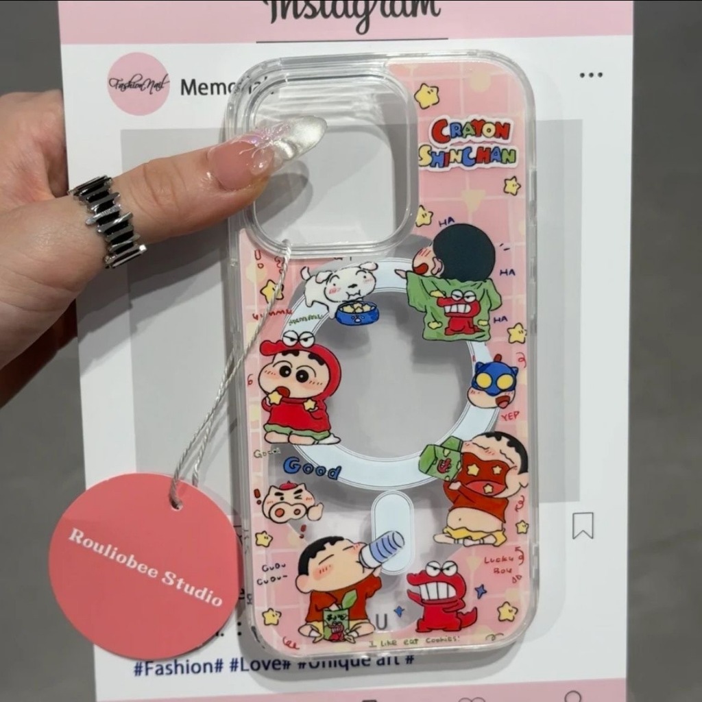 สีชมพูน่ารักเครยอนชินจังรูปแบบป้องกันกรณีสําหรับiphone 15pro 15promax 14 14promax 14pro 16 pro max 16 Plusเคสใส