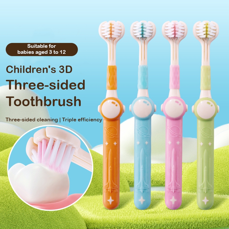 แปรงสีฟันเด็กขนนุ่มสามด้านสบายและไม่เป็นอันตรายต่อเหงือกเหมาะสําหรับเด็กอายุ 3-12 แปรงสีฟันนักบินอวกาศการ์ตูน