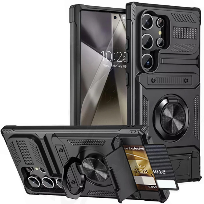 กรณีโทรศัพท์มือถือหนักกันกระแทกพร้อมที่วางโลหะและช่องเสียบการ์ด S25 Ultra S24 Ultra S24 Fe S23 Ultra A16