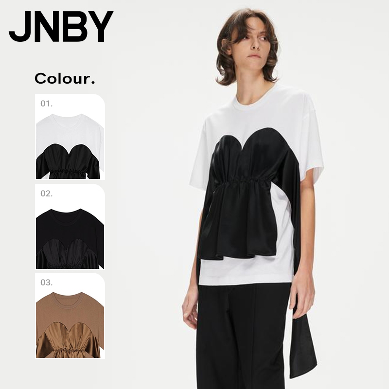 JNBY เสื้อยืดผ้าฝ้ายผู้หญิง คอกลม แขนสั้น ดีไซน์เย็บปะติดปะต่อกัน Women's cotton T-shirt 5N5110240