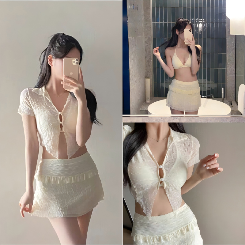 Nico Bra ชุดว่ายน้ำผู้หญิง บิกินี่ 3 ชิ้น บรา เสื้อคลุมและกระโปรง มีซับใน ผ้าแห้งเร็ว