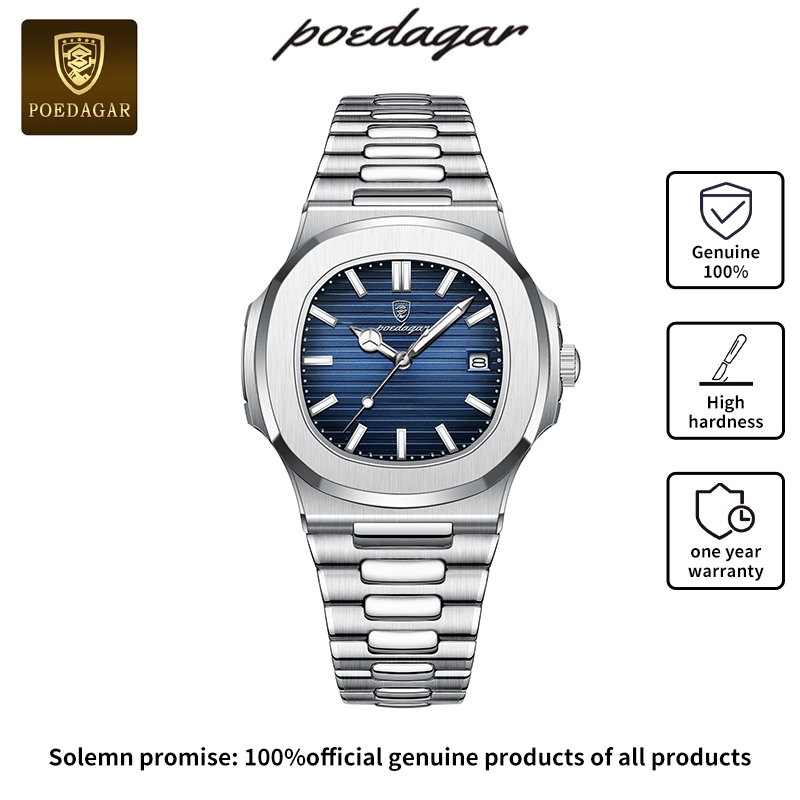 POEDAGAR นาฬิกาผู้ชายกันน้ำ สายสแตนเลส 100% แท้ รูปแบบธุรกิจ นาฬิกาควอตซ์ สีน้ำเงิน สีดำ ขาว โกลเด้น ของขวัญวันเกิดผู้ชาย 613