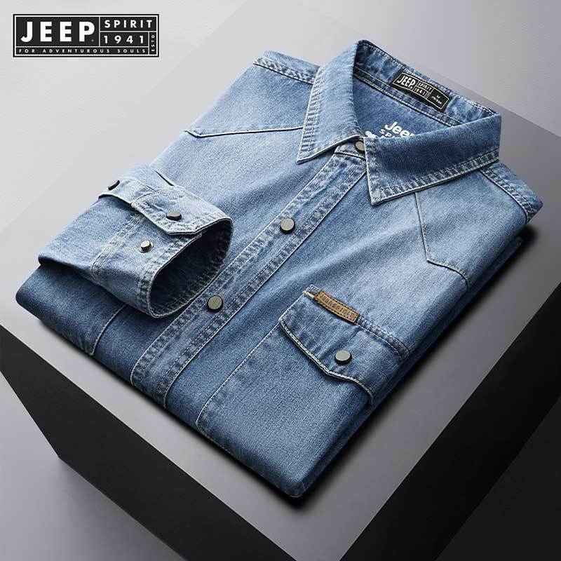 Jeep SPIRIT 1941 ESTD 2024 ฤดูใบไม้ร่วงใหม่ชายเสื้อยีนส์แขนยาวลําลอง Retro เสื้อ