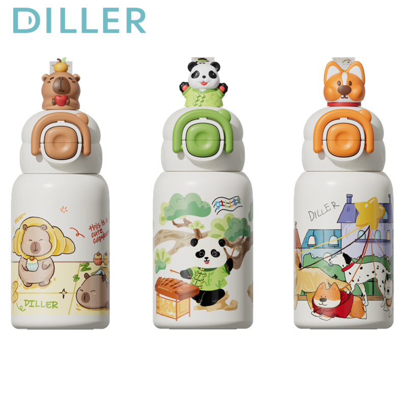 Diller Kids Thermos ขวดน้ําพร้อมฝาปิดฟางและสายรัด Leakproof BPA ฟรี Spout เก็บความเย็นและดื่มร้อนสําหรับนักเรียน (520ml) D9257