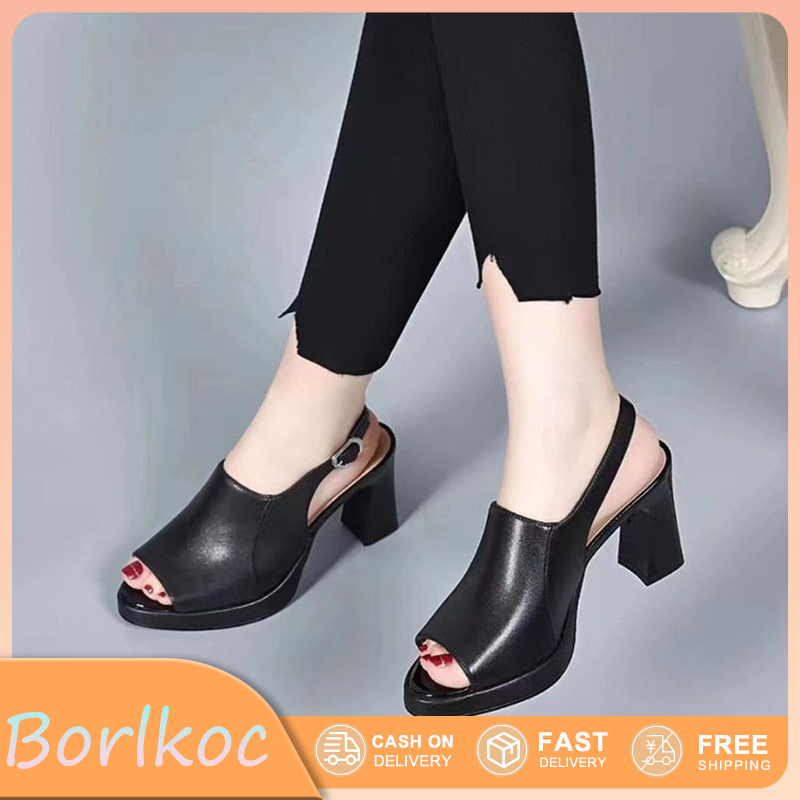 Borlkoc รองเท้าส้นสูง แบบหนัง ส้นหนา แต่งสายรัดข้อเท้า ลําลอง สําหรับผู้หญิง แบบสวมเปิดส้นทรงสวยหนังนิ่ม