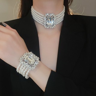 ฝรั่งเศสแสงหรูหราเพทายหลายชั้นสร้อยคอมุกต่างหูสร้อยข้อมือชุด…