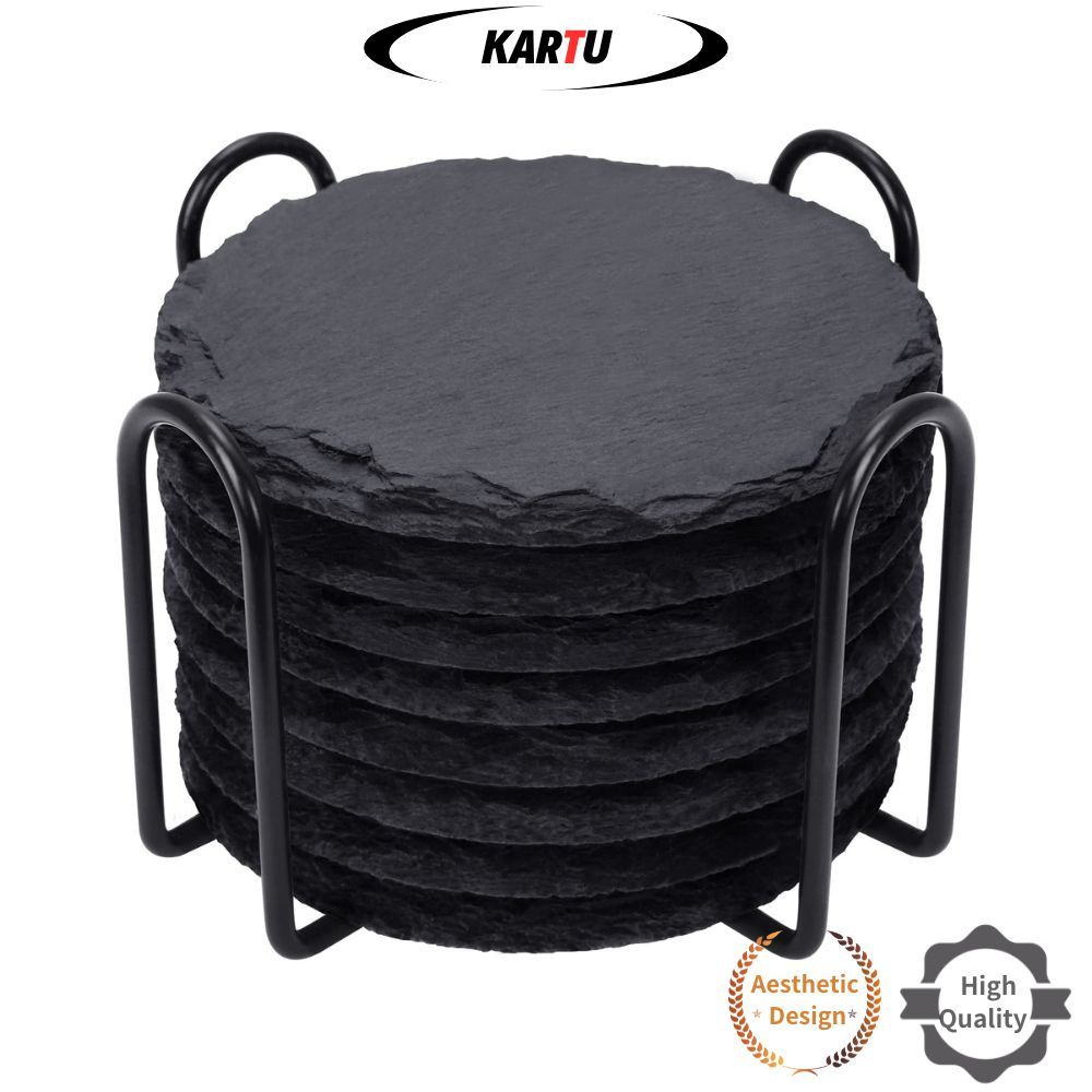 พร้อมสต็อกRound Slate Drink Coaster, Black Slate Stone Coaster พร้อมด้านล่างป้องกันรอยขีดข่วน