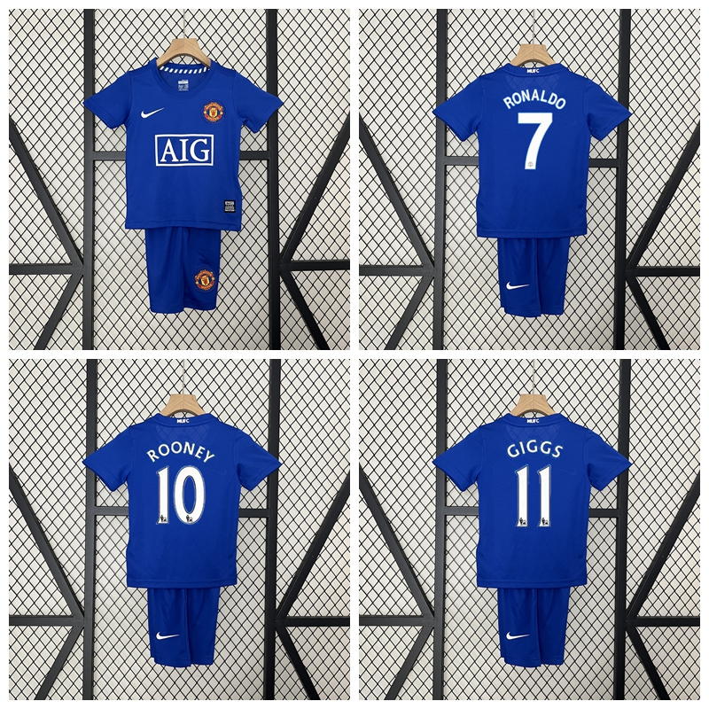 2008-09 ฤดูกาลแมนเชสเตอร์ ยูไนเต็ด Retro Away ฟุตบอลเด็ก Jersey Kit Cristiano Ronaldo CR7 Rooney Gig