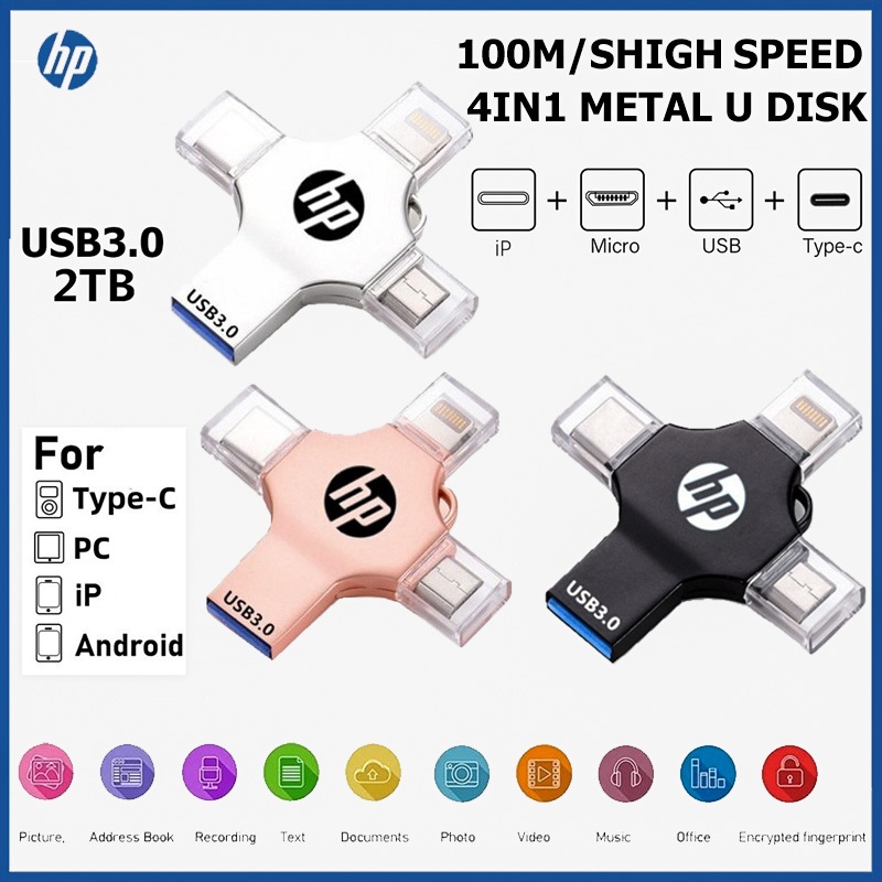 Hp แฟลชไดรฟ์ 4 in 1 USB แฟลชไดรฟ์โลหะเก็บโทรศัพท์มือถือ OTG ความเร็วสูง 2TB Pendrive 1TB Type-C USB แฟลชไดรฟ์เหมาะสําหรับ PC โทรศัพท์มือถือ Data Storage เหมาะสําหรับ iphone Android คอมพิวเตอร์ iOS ไอแพด หุ่นยนต์