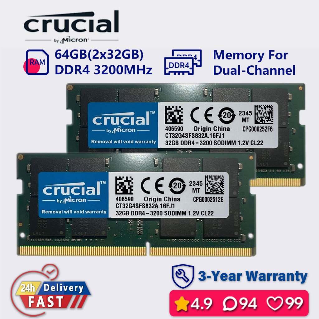 Crucial 16gb 32gb 64gb 3200mhz ddr4 หน่วยความจําสองช่อง ram แล็ปท็อป sodimm pc4 25600s