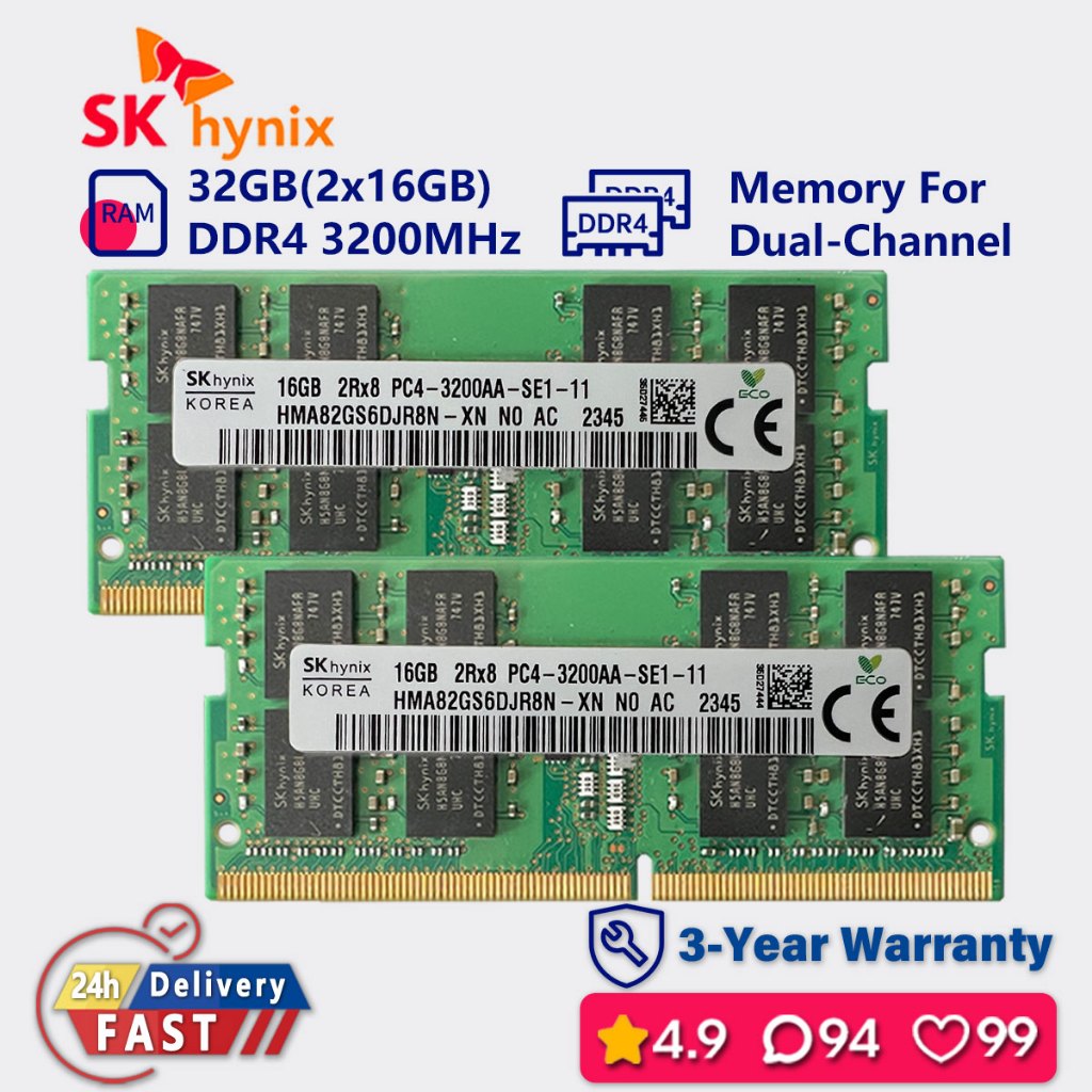 Sk HYNIX 16gb 32gb 64gb 3200mhz ddr4 หน่วยความจําสองช่องแล็ปท็อป ram sodimm pc4 25600s