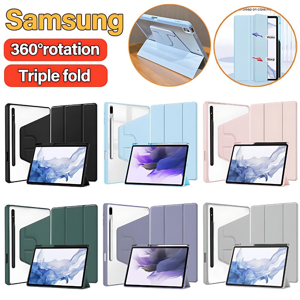 เคสฝาพับ Samsung Tab S7 S8 S9 S6lite#Galaxy Tab S8+/S7+/S9+/S10+ S9FE S9fe+ S7fe A7 A8/A9/A9+ Triple fold 360°rotation วัสดุอะคริลิ เคส Galaxy หลังโปร่งใส