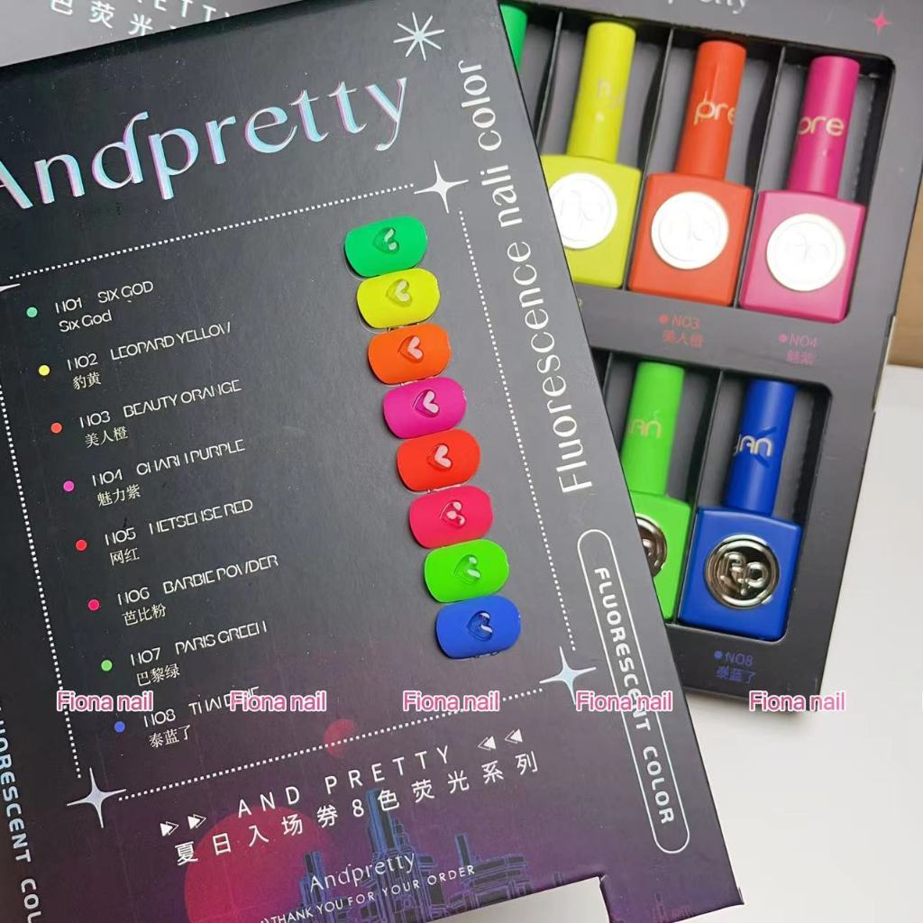 พร้อมส่ง สีทาเล้บ Andpretty  8สี Neon(ในเซ็ทจะมีขวดสีขาว2ขวด ซึ่งสีตรงตามชาร์จค่ะ)สีเจลเรืองแสง  สีเจล นีออน  แถมชาร์จสีฟรี
