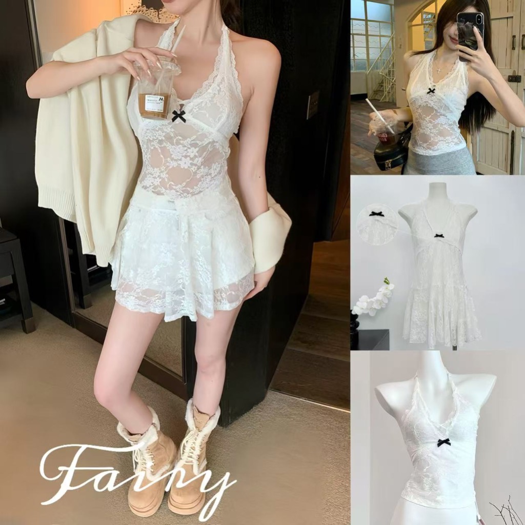 Fariy🍒มีสินค้า🍒เดรสสั้นผูกโบว์ลูกไม้สีขาวหวานเอวบางกระโปรงสั้นเซ็กซี่งสั้น สายเดี่ยวลูกไม้ ดีเทลสายลูกไม้ยืดได้