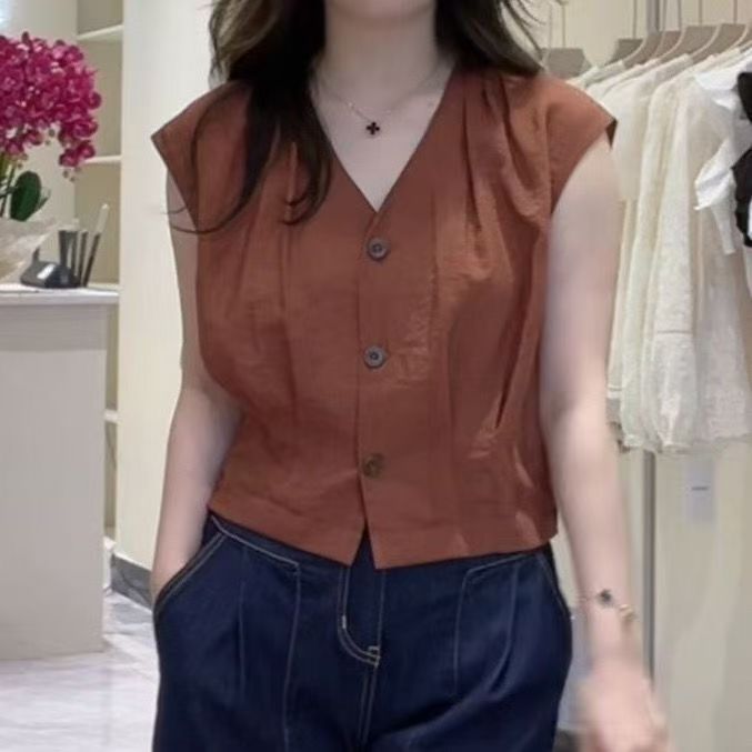 ใหม่สีทึบคอวีเสื้อแขนกุดหญิงหลวมบางเอวสูงโจ๊กด้านบน
