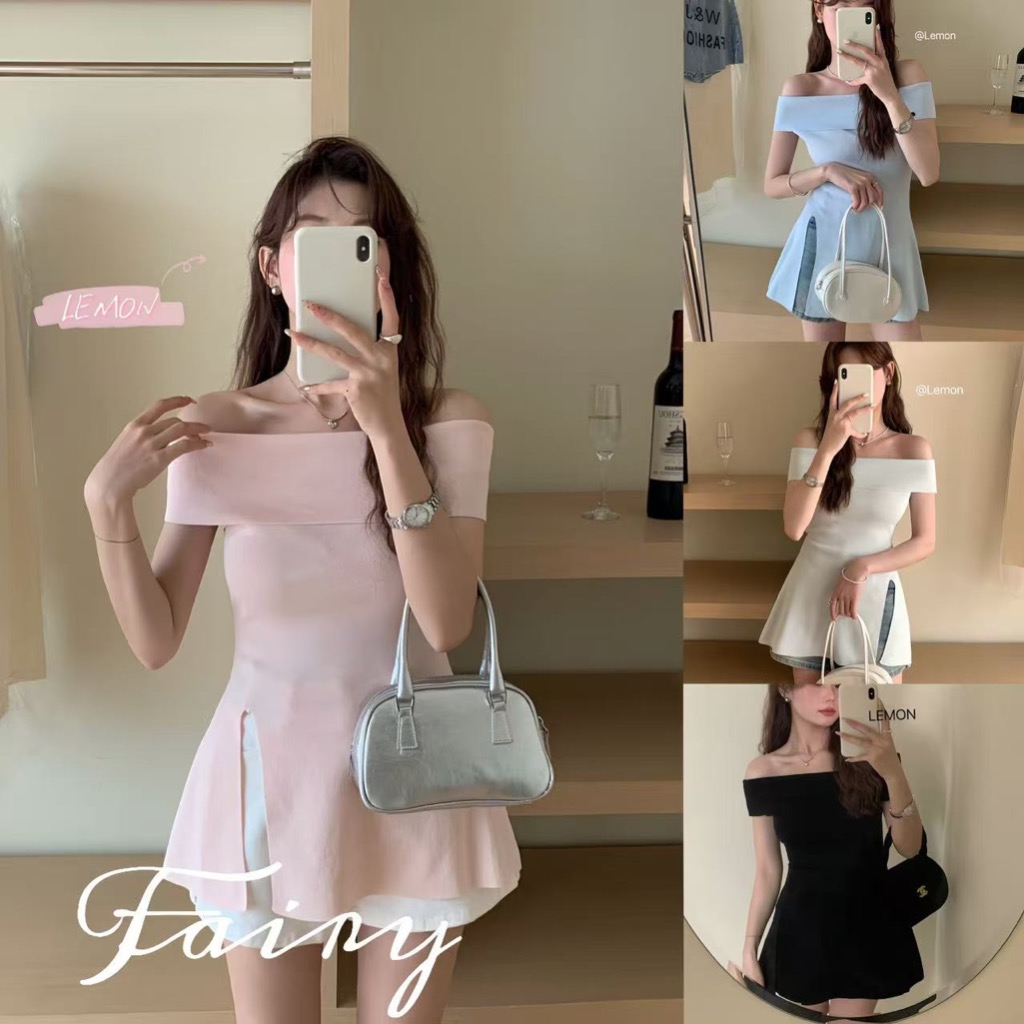 Fariy มีสินค้า เสื้อเว้าไหล่สไตล์เกาหลี เสื้อยืดถักปาดไหล่เซ็กซี่สำหรับผู้หญิง เสื้อผ่าผ่าที่สวยงามและดีสุด ๆ
