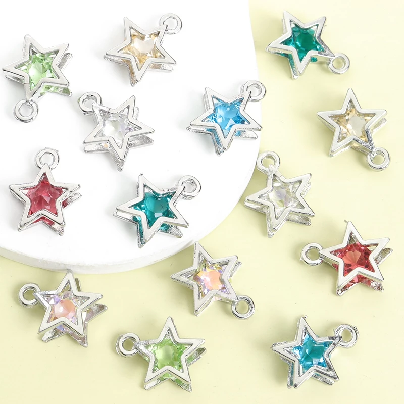 10 ชิ้น Glamorous 3D Hollow Pentagram Charms ในตัวพราว Multicolor Rhinestones, สไตล์สร้อยคอสร้อยข้อมือต่างหูโทรศัพท์ DIY ที่ละเอียดอ่อนจี้ดาวห้าแฉก