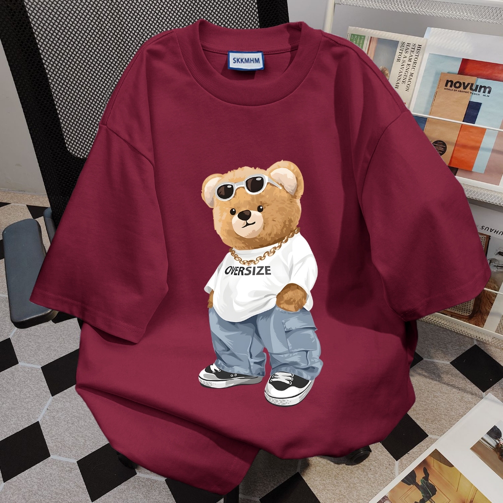 TIHIK เสื้อยืดแดง oversize เสื้อหมี แขนสั้นลายการ์ตู ไซซ์ S-2XL T1529