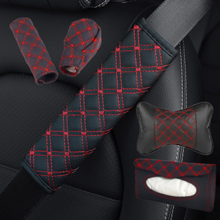 ชุดอุปกรณ์ตกแต่งรถยนต์สีแดงไวน์แดง ชุดเข็มขัดนิรภัย กล่องทิช…