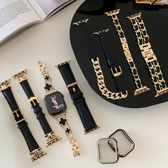 เคสสายสีดําสีทองหรูหราเข้ากันได้สําหรับสาย แอปเปิล ดู ชุด เคส i watch Series10 9 8 7 654321,se, Se2, Ultra i Watch Strap 49mm 42mm 40mm 41mm 42mm 44mm 45mm สาย i watch สาย Retro i Watch Case