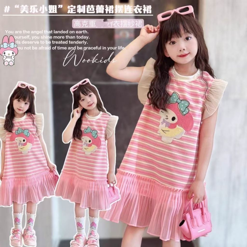 3-14y girl my melody ชุดเดรสแขนสั้นฤดูร้อน ลาย Kuromi cinnamon dog dress