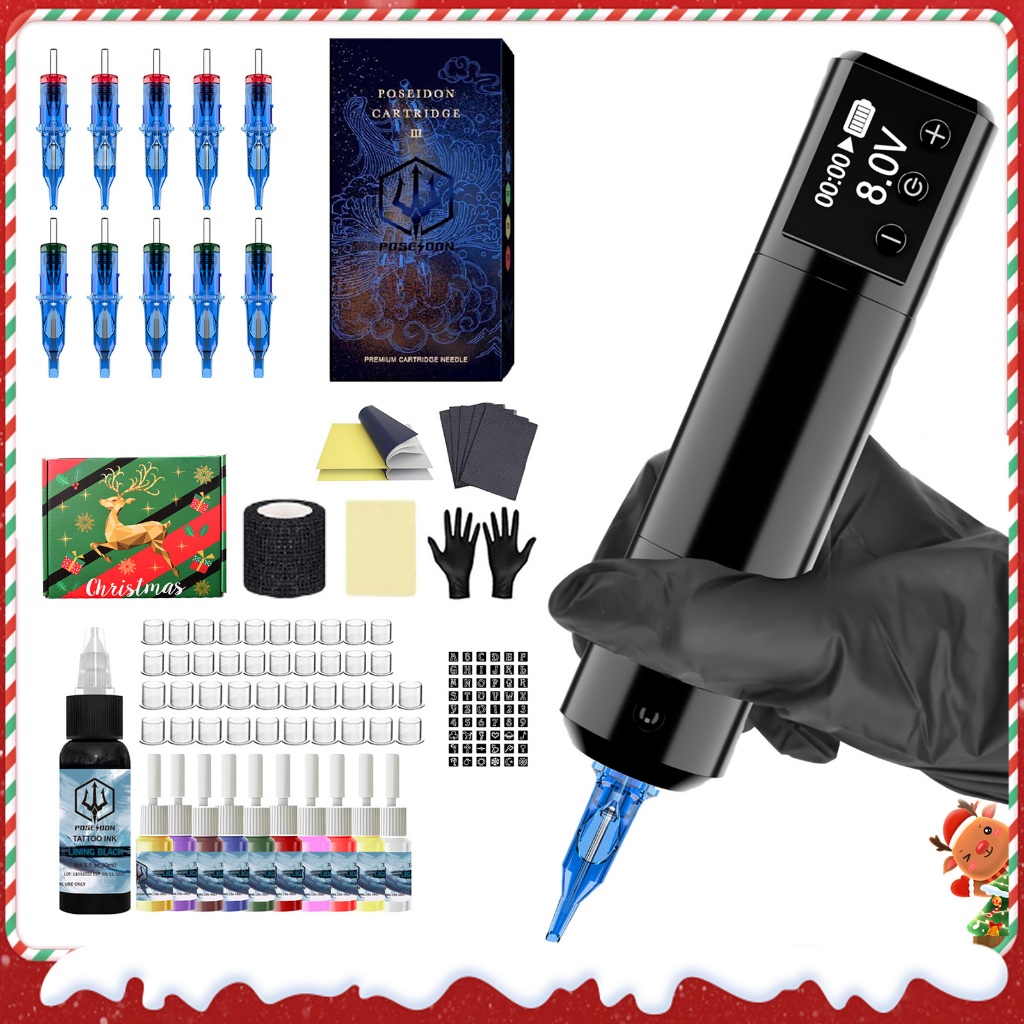Poseidon Christmas Tattoo Kit-Tattoo Pen พร้อมเข็มสัก 10 ชิ้น, เครื่องสักไร้สายพร้อมอุปกรณ์สักและชุดสักสําหรับศิลปิน