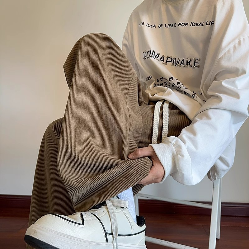 Merad Corduroy Casual Sweatpants ผู้ชายสีดํากาแฟ M-3XL Street Wear อเมริกัน oversize หลวมตรงกางเกงขากว้างฤดูใบไม้ผลิฤดูใบไม้ร่วง