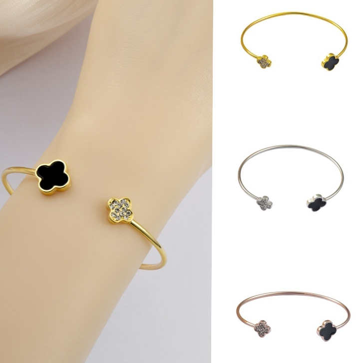 แฟชั่นเกาหลี Clover Cuff สร้อยข้อมือ 18k Gold Plated Lucky กําไลข้อมือ Rhinestone ดอกไม้สร้อยข้อมือผู้หญิงเครื่องประดับของขวัญ
